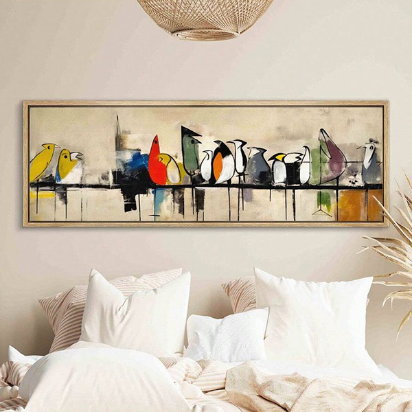 Colorful Birds on Wire Framed Canvas